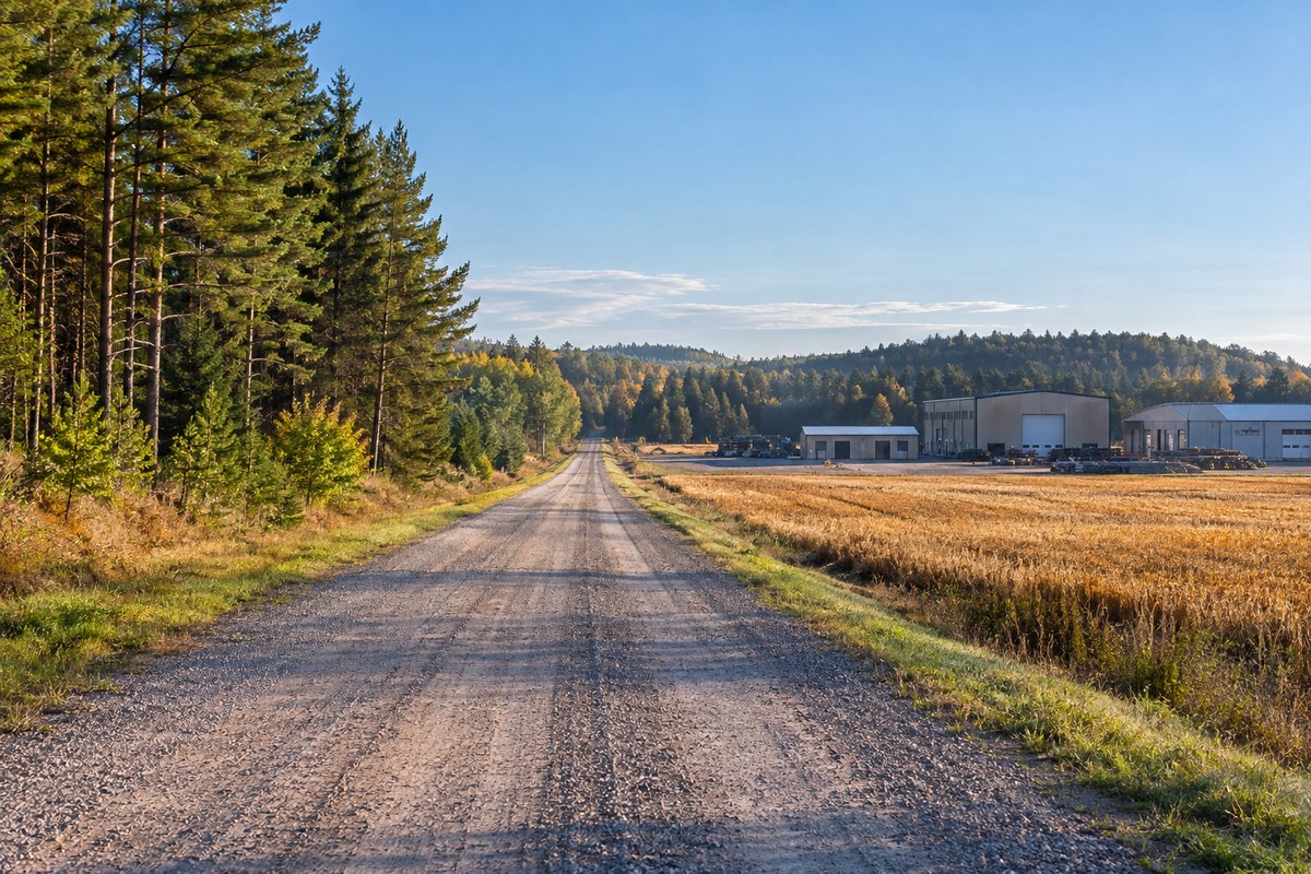 Central Wisconsin forest, fields and a straight gravel delivery approach