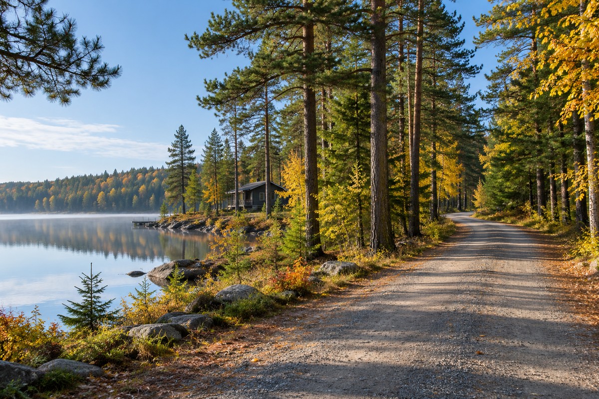 Northwoods lake, pines and a seasonal Wisconsin access road