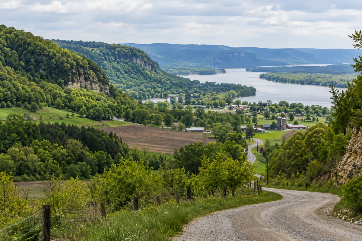 Wisconsin river valley with rolling Driftless hills and a rural approach